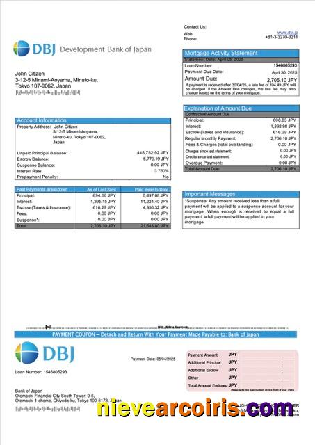 Japan Development Bank of Japan (DBJ) mortgage statement Word and PDF template